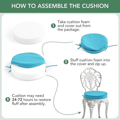 Summsun Outdoor Bistro Chair Cushions Set of 2, 15" D x 3" H Round Chair Cushions Waterproof and Fade Resistant Chair Cushion Pads with Non-Slip Ties and Removable Covers for Garden, Teal