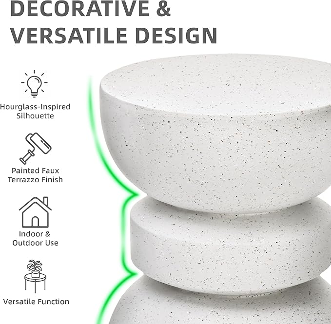 18" Outdoor Side Table, Modern Hourglass Garden Stool in Painted Faux Terrazzo-Look, Patio Coffee Accent Table Decorative, Durable Weatherproof MGO & Easy Assembly Round Table for Room Porch