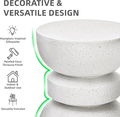 18" Outdoor Side Table, Modern Hourglass Garden Stool in Painted Faux Terrazzo-Look, Patio Coffee Accent Table Decorative, Durable Weatherproof MGO & Easy Assembly Round Table for Room Porch