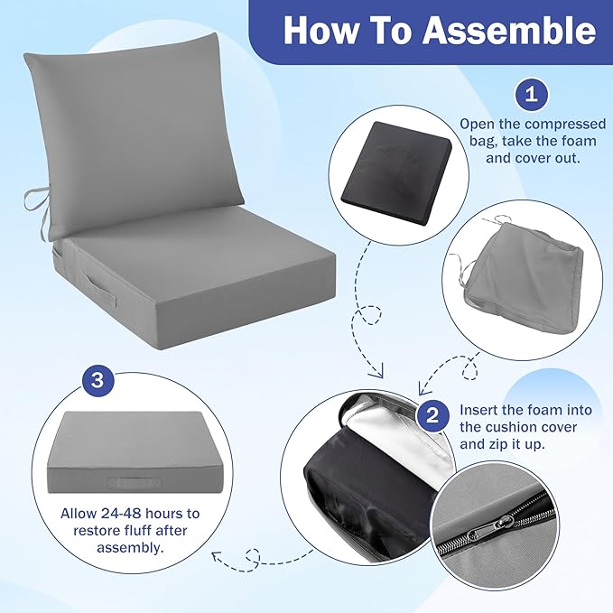 IASEAHK Outdoor Seat Cushion Set, Waterproof & Fade Resistant Patio Chair Cushions, Outdoors Cushion for Patio Furniture, 24 x 24 x 4 Inch, Outdoor Couch Cushions with Handle and Ties, Grey