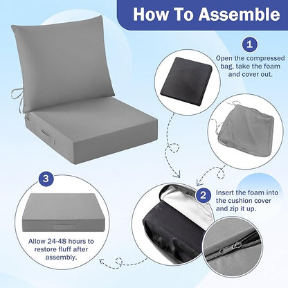 IASEAHK Outdoor Seat Cushion Set, Waterproof & Fade Resistant Patio Chair Cushions, Outdoors Cushion for Patio Furniture, 24 x 24 x 4 Inch, Outdoor Couch Cushions with Handle and Ties, Grey