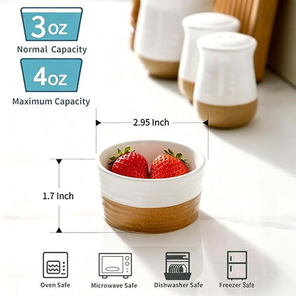 Hasense Ceramic Ramekins Set of 6, 3 Oz Oven Safe Mini Bowls, Farmhouse White Ramekins for Creme Brulee, Souffle, Custard & Dipping Sauces, Kitchen Decor