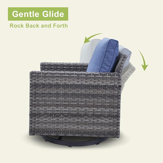 Wicker Outdoor Patio Furniture Set - 6 Piece Patio Conversation Set with 2 Swivel Rocker Chairs,2 Rattan Ottoman,1 Couch and 1 Metal Side Table for Outside Porch Deck Backyard(Mixed Grey/Blue)