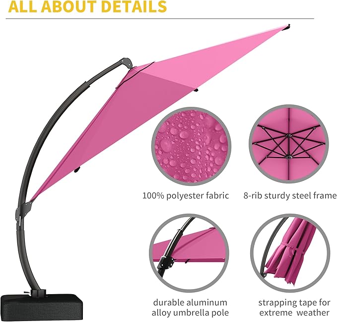 Kingdura 11ft Offset Cantilever Patio Umbrella with Base Included, Large Round Aluminum Outdoor Umbrella, 360° Rotation & Infinite Tilt, Heavy Duty Frame for Deck Pool Backyard, Rose Pink