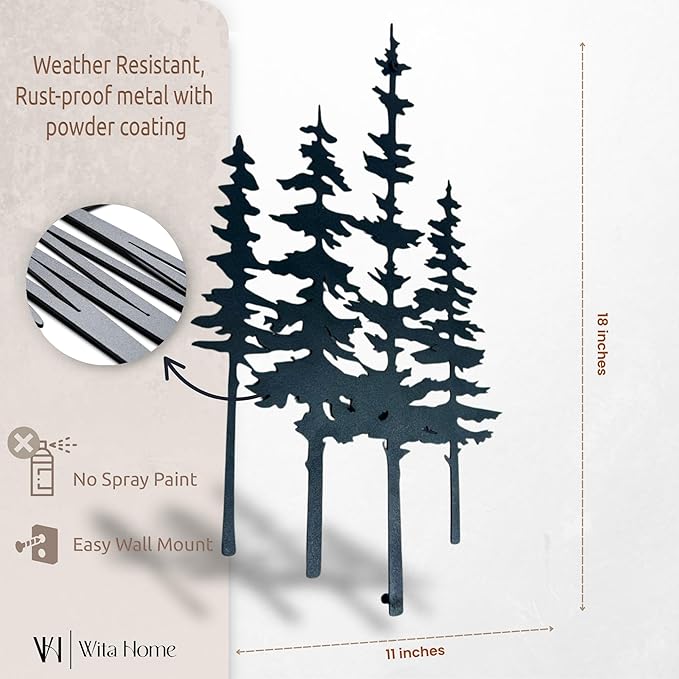 Pine Tree Metal Wall Mounted Art, Large Black Rustic Pine Forest Scene, Handcrafted Metal Home Decor with Static Powder Coating, Indoor/Outdoor Home, Living Room, Farmhouse, Garden, Bedroom Decor, Wall Hanging Sign (18 x 11 inches)