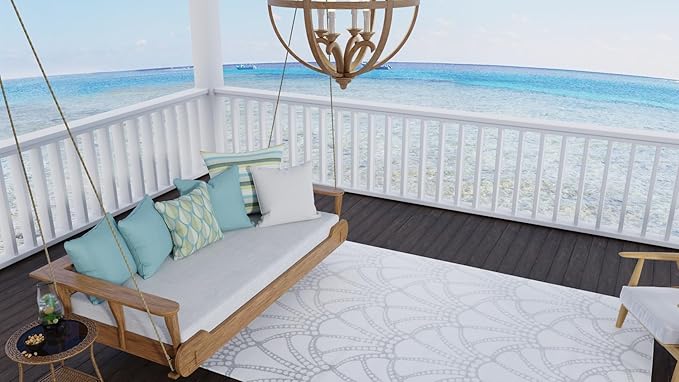 Mad Mats Outdoor Rug, Reversible Plastic Mat for Patio, Porch, Deck, Kitchen & Bath, Scallop, 5' x 8', Stone/White
