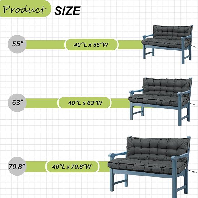 Swing Replacement Cushions with Backrest, 2 or 3 Seater Waterproof Non-Slip Overstuffed Swing Pad, Indoor/Outdoor Bench Cushion for Porch Chair Swing Garden Furniture (Dark Grey, 40 * 70.8in)