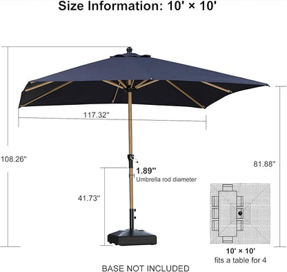 PURPLE LEAF 10' x 10' Square Patio Umbrella Outdoor Table Umbrella Aluminum Market Umbrella with 8 Sturdy Ribs & Crank Outdoor Umbrellas for Garden Deck Patio, Navy Blue