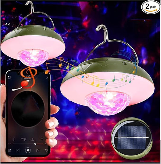 2 Pack Solar Camping Lights & Lantern DJ Disco Ball, RGB Color Changing Tent Light, Music Sync Strobe Party Lights, USB Rechargeable Portable Hanging Lamp, Waterproof for Outdoor Christmas Decor Gifts