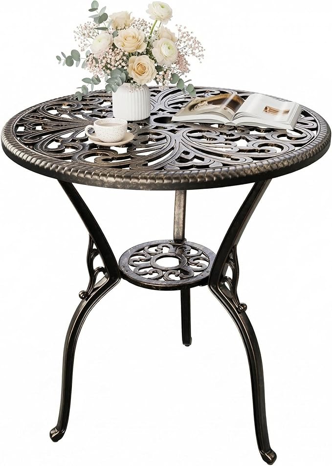IDEALHOUSE Patio 23''Cast Aluminum Side Table with Umbrella Hole,Outdoor Small Coffee Tables,Anti-Rust Bistro Table,Round End Table,Outdoor Furniture for Indoor,Patio,Garden,Porch,Balcony,Retro Bronze