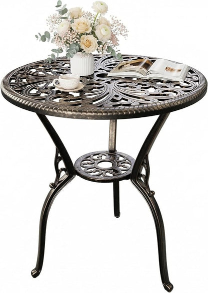 IDEALHOUSE Patio 23''Cast Aluminum Side Table with Umbrella Hole,Outdoor Small Coffee Tables,Anti-Rust Bistro Table,Round End Table,Outdoor Furniture for Indoor,Patio,Garden,Porch,Balcony,Retro Bronze