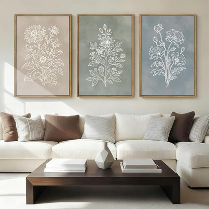 Anyzal Extra Large Boho Botanical Framed Wall Art 24x36 Inch Farmhouse Floral Painting Modern Minimalist Artwork for Living Room Bedroom Dining Room Set of 3