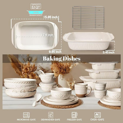 Artena Baking Dish 5.1 Quarts, Casserole Dishes For Oven, Baking Pan With Handles, Lasagna Pan Deep, Large Casserole Dish, Rectangular Ceramic Bakeware (White, With Rack)