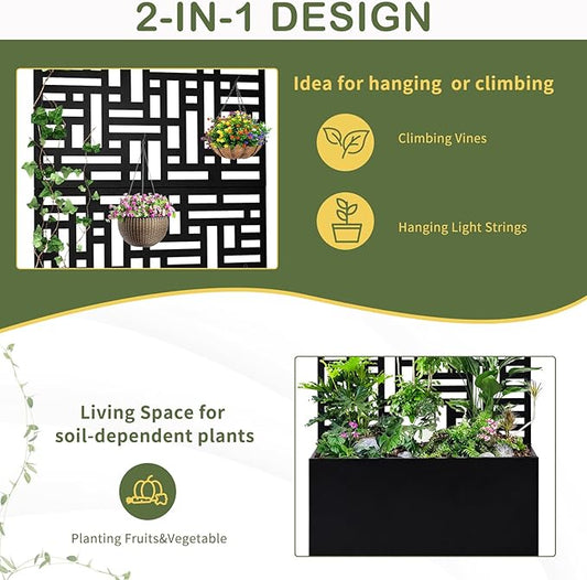 Outvita Metal Planter Box with Trellis, 71’’ x 36’’ x 16’’ Raised Garden Bed with Drainage Holes for Climbing Plants, Vegetables, Vines, Privacy Planters for Patio (Black)