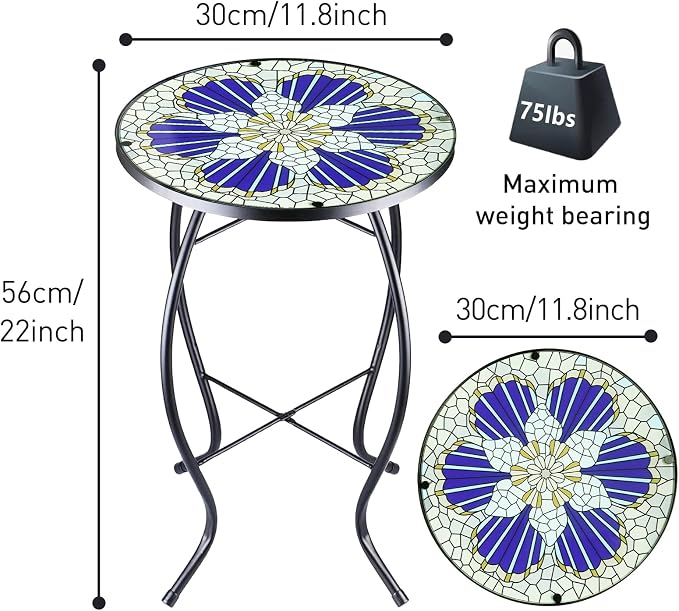 Arbuxzuy 12 Inch Small Outdoor Side Table with Blue Morning Glory, Glass Mosaic Patio Table Indoor, Round Plant Coffee Table for Living Room, Balcony, Garden
