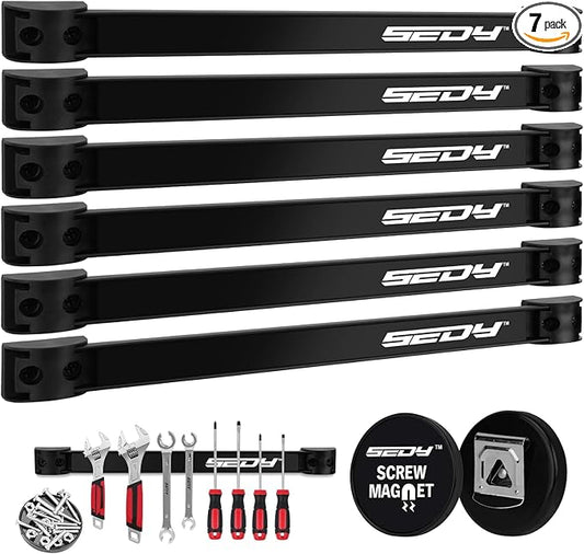 SEDY Magnetic Tool Holder Storage Organizer: 7-Piece Garage Wall Mount Rack Organization Strip Power Magnet Organizers Mounted Workbench Board Slatwall Van Hanger