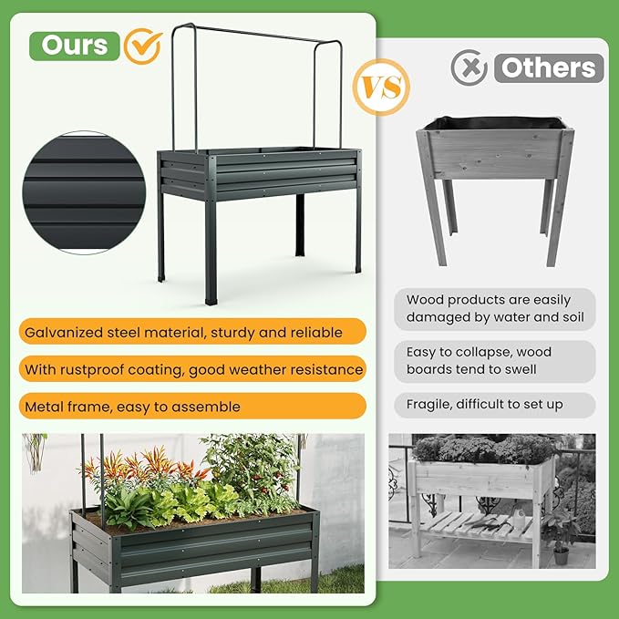 Giantex 3-in-1 Raised Garden Bed with Greenhouse Cover & Trellis Rope, Galvanized Metal Elevated Planter Box w/ Legs, Drainage Holes, 46”x23.5”x59” Raised Bed for Flower Herb Vegetable, Easy Assembly