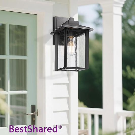 Bestshared Outdoor Wall Lights, Outside Sconce Light, Exterior Lighting Fixture, Outdoor Wall Lantern, Black Porch Lamp with Seeded Glass for Entryway, Garage (Black, 14.9" H)
