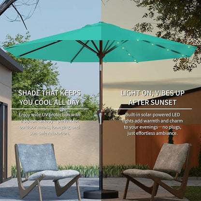 9FT Solar Umbrella 32 LED Lighted Patio Umbrella Table Market Umbrella w/Tilt and Crank, UV-Resistant Outdoor Umbrella for Pool, Garden, Deck, Turquoise Blue