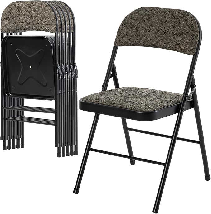 DUMOS 6 Pack Folding Chairs with Padded Cushion and Back - Fabric Stackable Portable Dining Chairs Set, for Home and Office, Conference, Wedding, Party, Patio, Garden, for Indoor Outdoor, Black Grey