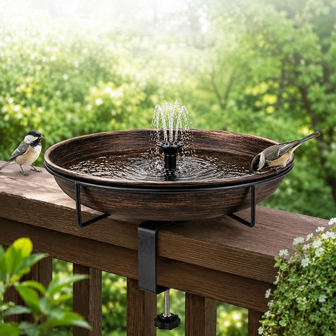Deck Mounted Bird Bath with Solar Fountain Heavy Duty Metal Birdbath Bowl 1.45 Gallon 3.54" Adjustable Railing Clamp All Weather Outdoor Bird Feeder for Patio Fence Balcony Backyard