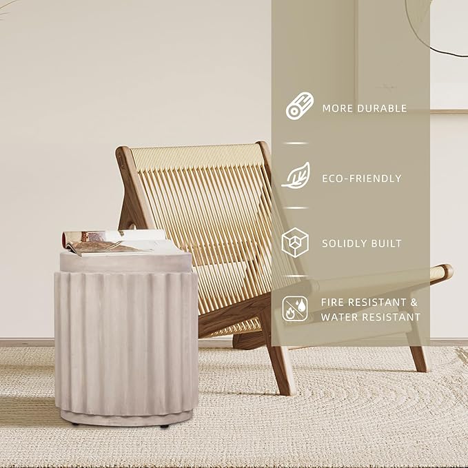 Afterglow Terrafab Material Outdoor Round Side Table, Natural Decorative Garden Stools, Unique End Table for Living Room Bedroom Patio Home Decor,Off-White