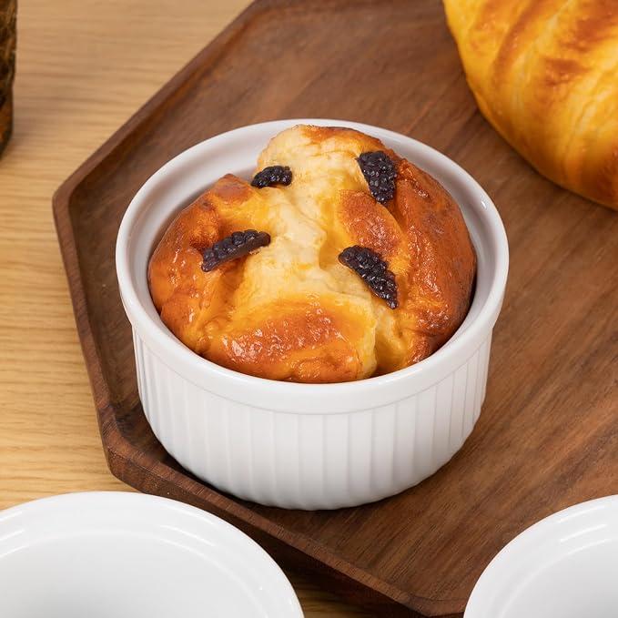 Yachi White Souffle Ramekins: 4oz 6 Pieces Ceramic Baking Ramekin Set Oven Safe Porcelain Bakeware Serving for Sauces Dipping Onion Soup Lava Cake Flan Creme Brulee Pudding Mini Custard