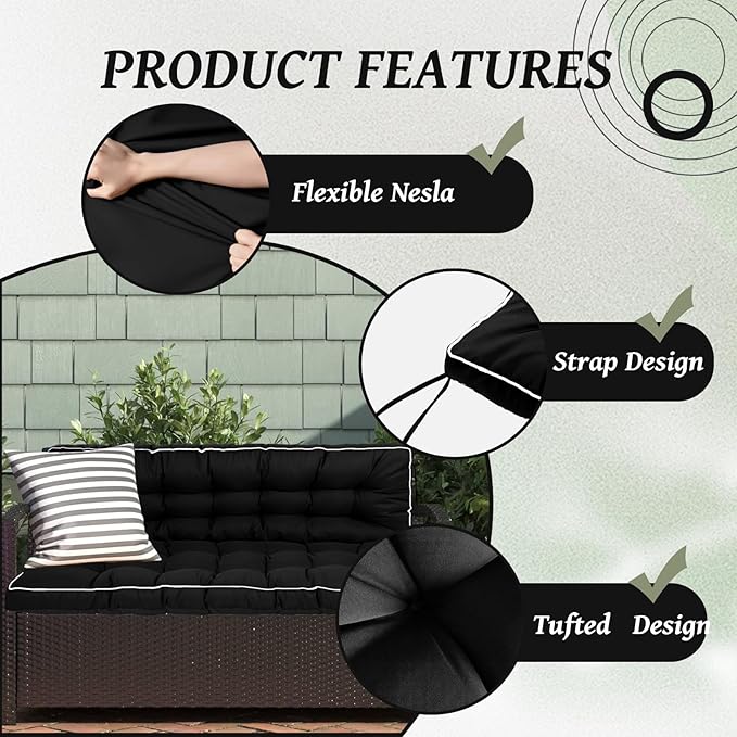 2/3 Seater Swing Replacement Cushion, Waterproof Porch Swing Cushions with Backrest, Thickened Bench Cushions for Outdoor Furniture, for Outdoor Patio Swing (Black, 55 * 40in)