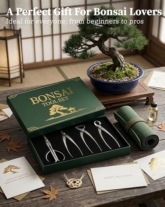 4-Piece Bonsai Tools Set with Tool Roll Bag Organizer, Heavy Duty Bonsai Tree Kit with Luxury Gift Box, Bonsai Starter Kit, Include Concave Cutter, Knob Cutter, Trunk Splitter, Bonsai Scissors