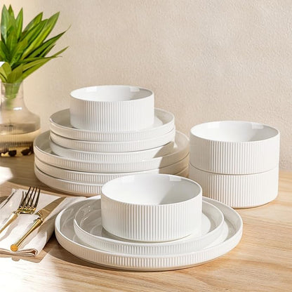 TheTerra Ceramic Dinnerware Set for 4, 12-Piece Plates and Bowls Set | Lightweight Porcelain Dish Set, Scratch Resistant, Oven & Microwave & Dishwasher Safe, Bright White