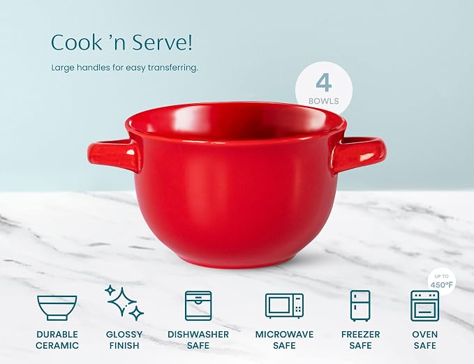 KooK French Onion Soup Crocks with Handles, Ceramic Bowls, for Rice, Dessert, Pasta, Dishwasher, Microwave, Oven & Broil Safe, Red, Set of 4, 18 oz, Red