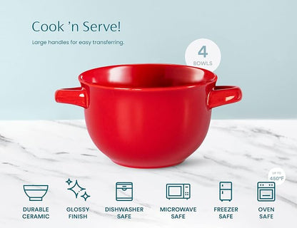 KooK French Onion Soup Crocks with Handles, Ceramic Bowls, for Rice, Dessert, Pasta, Dishwasher, Microwave, Oven & Broil Safe, Red, Set of 4, 18 oz, Red