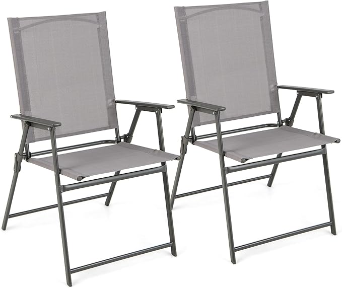 Giantex Patio Folding Chairs, Outdoor Lawn Chairs with Rustproof Metal Frame, Portable Dining Chairs for Porch, Deck, Garden, Backyard, Camping (1 Count (Pack of 2), Gray)