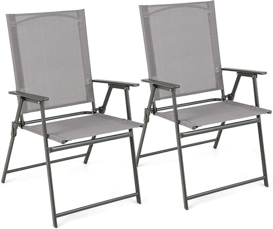 Giantex Patio Folding Chairs, Outdoor Lawn Chairs with Rustproof Metal Frame, Portable Dining Chairs for Porch, Deck, Garden, Backyard, Camping (1 Count (Pack of 2), Gray)