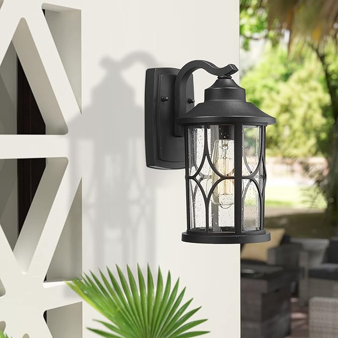 zeyu Farmhouse Outdoor Wall Lantern - 12 Inch Exterior Wall Sconce, Cast Aluminum with Seeded Glass, Black Finish, ZX48B BK
