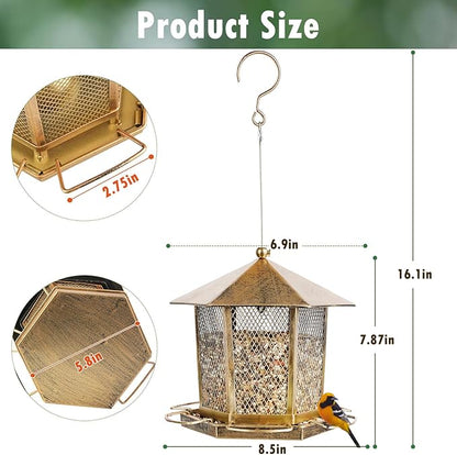 Hexagonal Gazebo Bird Feeders, Metal Hanging Wild Finch Bird Feeder, Outdoor Weatherproof Birdfeeder for Garden Patio Backyard Lawn Decor