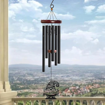 Personalized Customize Name Gnome Wind Chime, Metal Iron 37 Inch Outdoor Memorial Gift for Garden Yard Patio Home Decor, Black，Christmas (Style I)