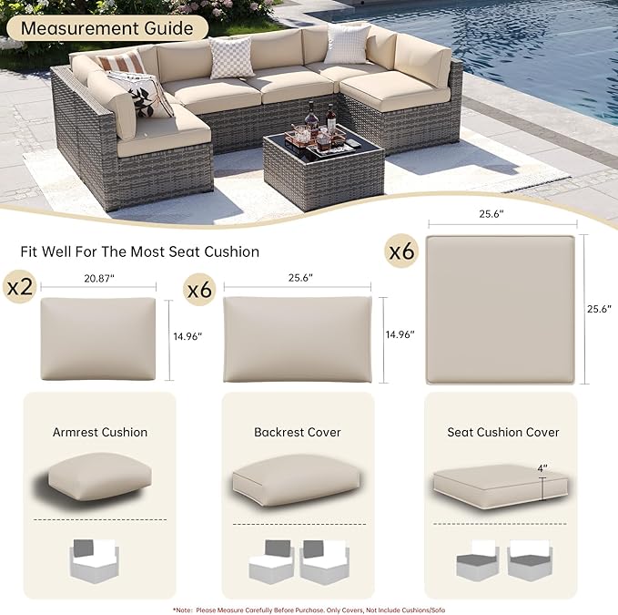 Aoxun 14pcs Patio Cushion Covers Replacement, Waterproof Outdoor Furniture Cushion Covers with Zipper and Non-Slip Bottom, Patio Sofa Couch 3 Sizes for Patio Sectional, Covers Only (Beige)
