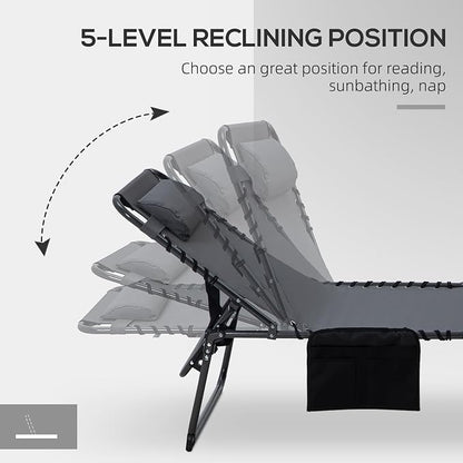 Outsunny 2 Piece Folding Chaise Lounge with 5-Level Reclining Back, Tanning Chair with Face Hole, Outdoor Lounge Chair with Side Pocket & Headrest for Beach, Yard, Patio, Gray