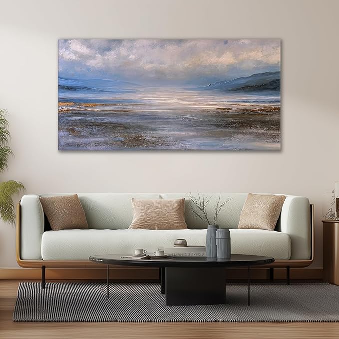 JLXART Ocean Wall Art Watercolor Seascape Painting Landscape Pictures Wall Decor 24X48inch Abstract Beach Wave Poster for Livingroom Bedroom