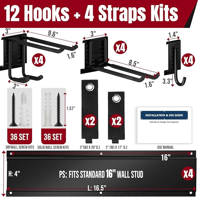 66" Garage Tool Organizer Wall Mount,20 PCS Wall Mounted Garden Tool Storage Rack Carries 720lbs, 4-Panel Steel Tool Hanger System for Shovels Rakes Brooms – Fits 16" Wall Studs