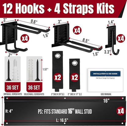 66" Garage Tool Organizer Wall Mount,20 PCS Wall Mounted Garden Tool Storage Rack Carries 720lbs, 4-Panel Steel Tool Hanger System for Shovels Rakes Brooms – Fits 16" Wall Studs