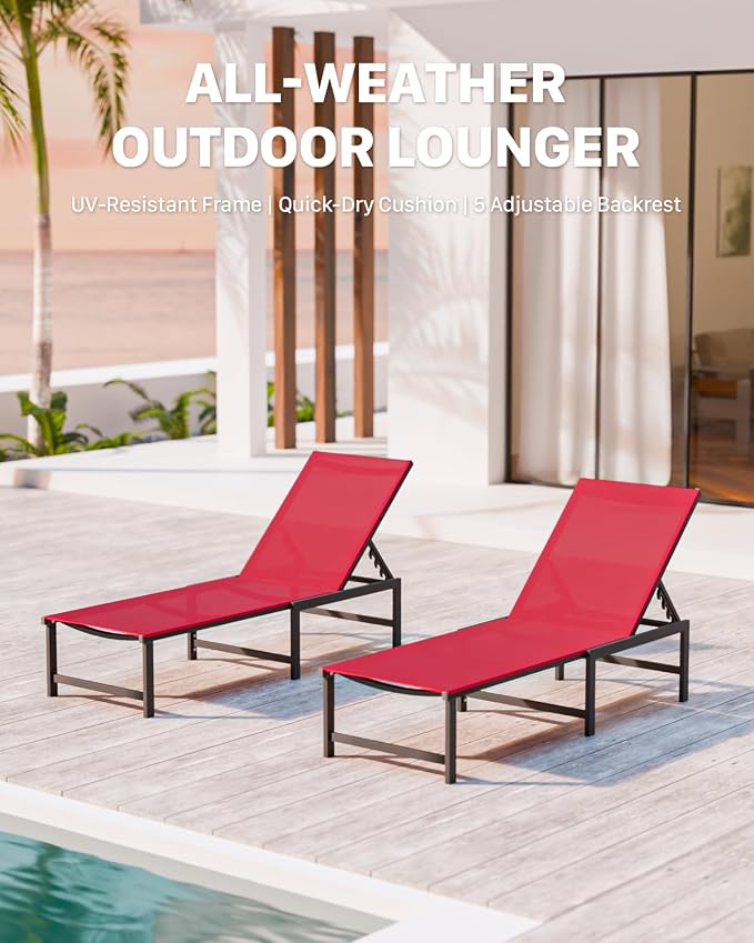 Patio Lounge Chair, Aluminum, 5 Adjustable Backrest, 1 Piece,red | Lightweight rustproof aluminum.5 adjustable backrest positions.Breathable quick-dry fabric.For poolside,beach,lawn,backyard.