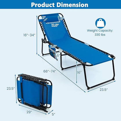 Giantex Patio Lounge Chairs for Outside - Folding Tanning Chair w/Headrest, 4 Adjustable Positions, Side Pocket, Outdoor Chaise Lounge for Camping, Pool, Sunbathing Beach Chair, Navy