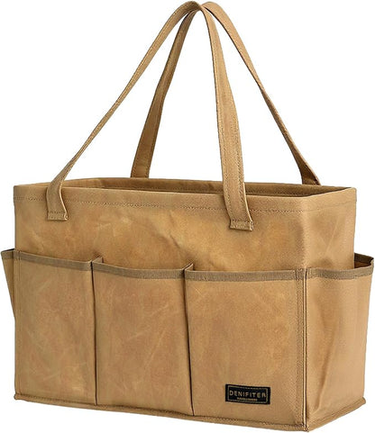 Denifiter Heavy-Duty 16-oz Waxed Canvas Tool Bag with Metal Frame - Collapsible Organizer Tote Bag(Khaki | 15.5"x7.5"x10.5")