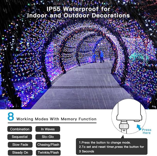 AmyHomie Multicolor Christmas Lights Outdoor, 300LED Lights with 8 Lighting Modes, End to End Connectable Fairy String Lights for Indoor Outdoor Christmas Decoration
