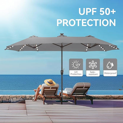 GREEN PARTY 13 ft Rectangle Patio Umbrella with Solar Lights, Double-Sided Market Table Umbrella with Crank, Large Outdoor Umbrellas for Patio Poolside Garden Backyard, Smoky Grey