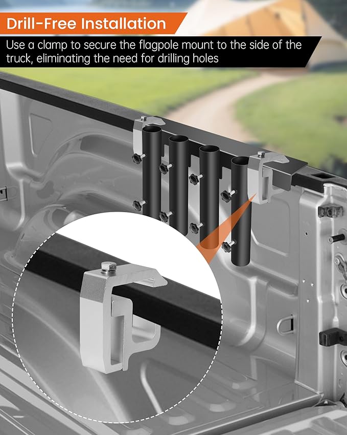 4-Hole No-Drilling Shovel Holder for Truck, Side Flag Mount for Truck, Shovel Rack for Truck Accommodates diameters up to 1.8" Flag Pole, Trimmers, Rakes, Shovels, Other Lawn Tools