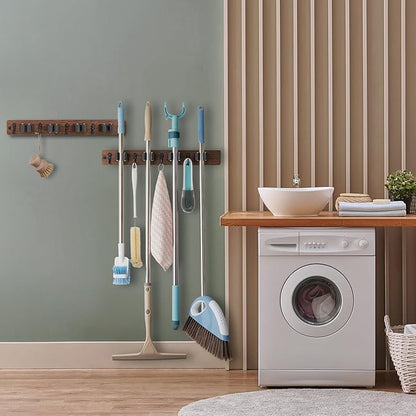 OUTNILI 2 Pack Mop Broom Holder Wall Mount - Wood Broom Mop Hanger - Wall Mounted Garden Tool Rack Organizer for Closet Garage Laundry Room Farmhouse Rustic Kitchen Decor With 4 Slots & 4 Hooks