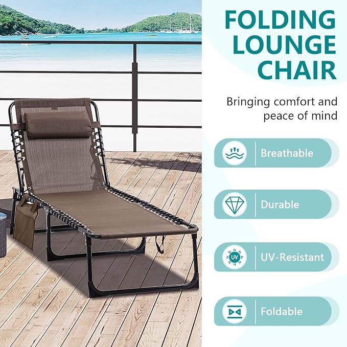 Portable Foldable Sun Tanning Chair, Heavy Duty Adjustable Folding Laying Out Chairs for Tanning, Beach Lounge Chairs for Adults for Outdoor Sunbathing Patio Pool Lawn Camping Deck (Brown)